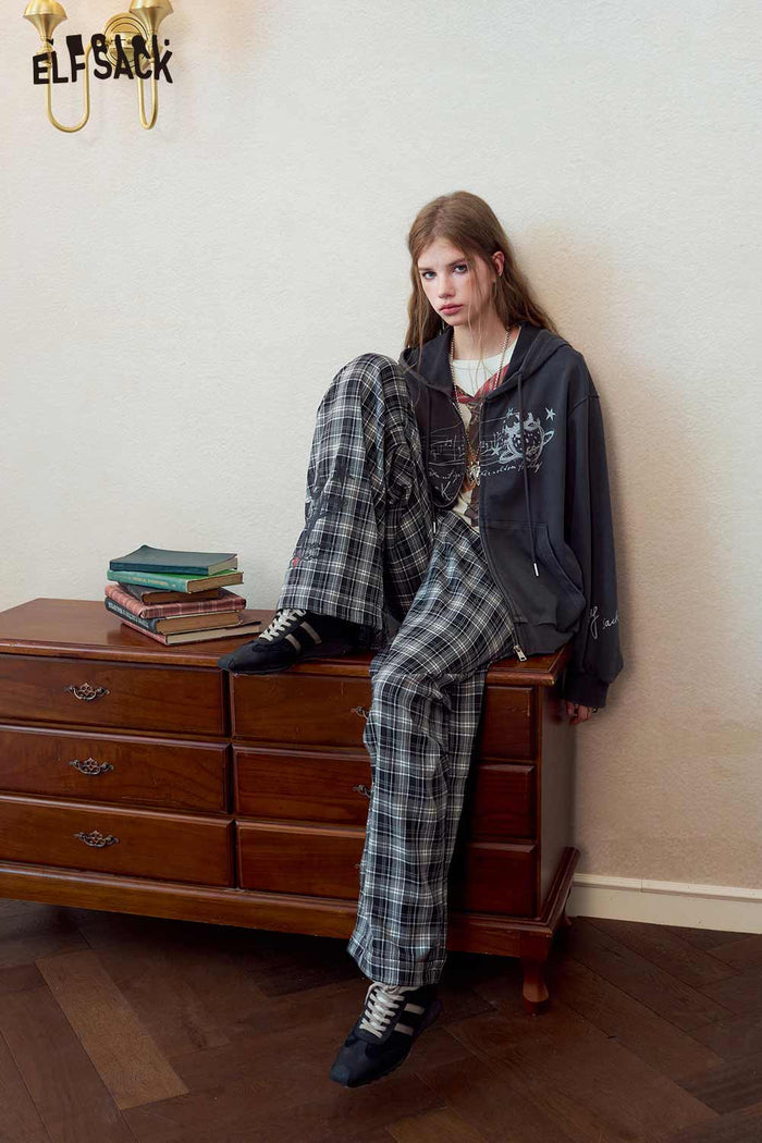 Plaid Wide Leg Pants Cartoon Print