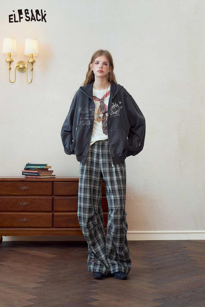Plaid Wide Leg Pants Cartoon Print