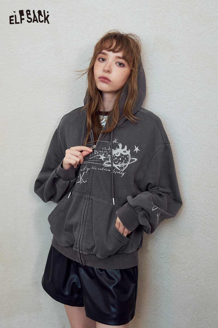 Planet Print Zip-Up Hooded Sweatshirt