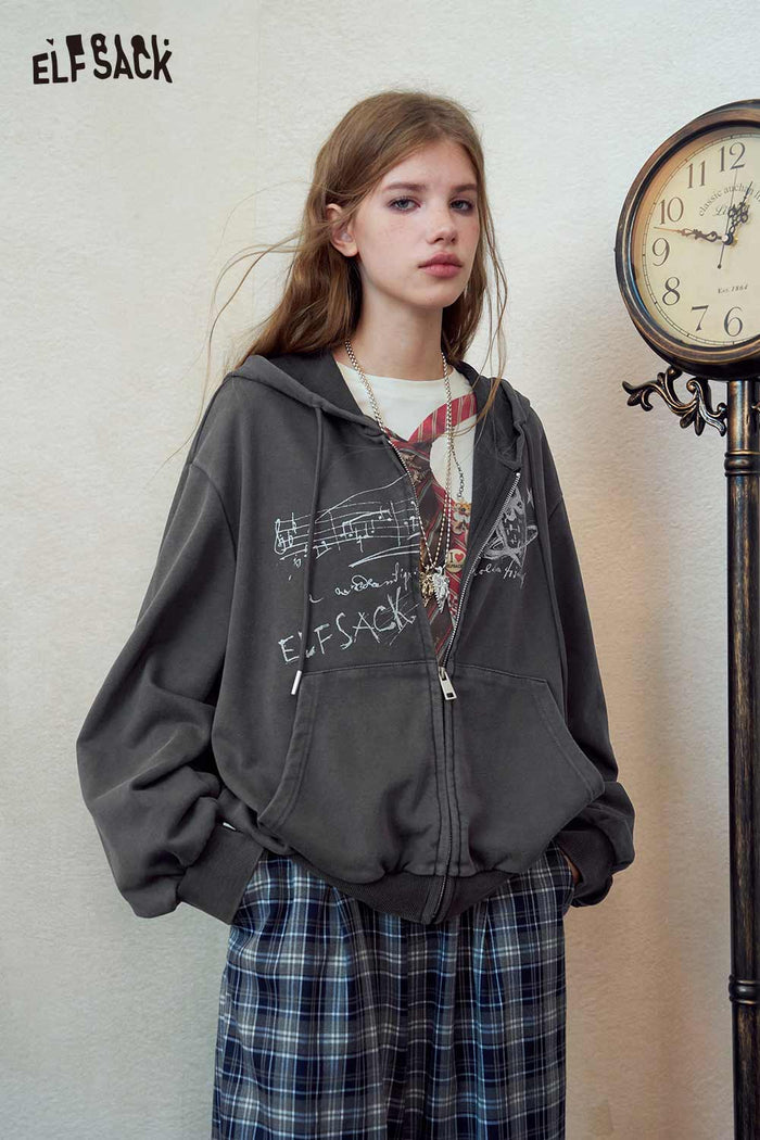 Planet Print Zip-Up Hooded Sweatshirt