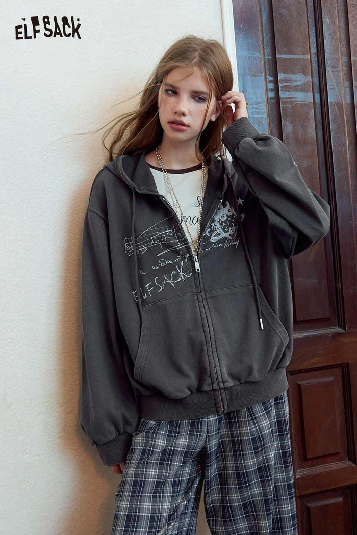 Planet Print Zip-Up Hooded Sweatshirt