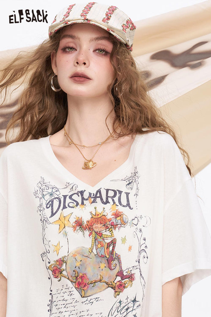 ELFSACK Playful Cartoon Print Oversized T Shirt