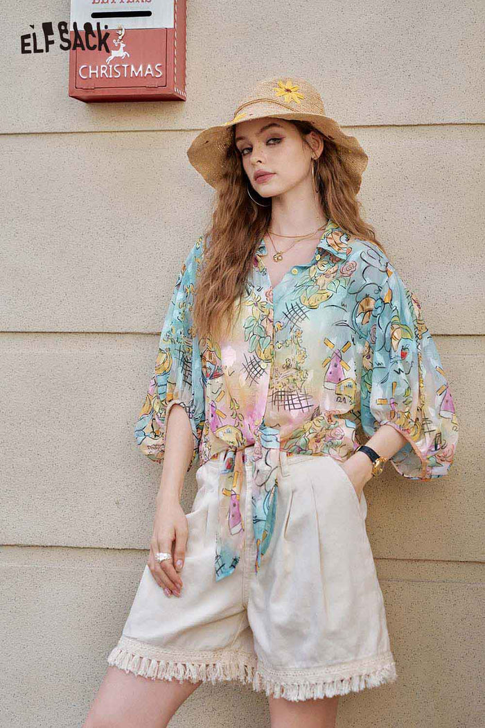 ELFSACK Playful Cartoon Print Tie Front Blouse