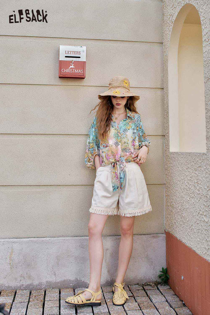ELFSACK Playful Cartoon Print Tie Front Blouse