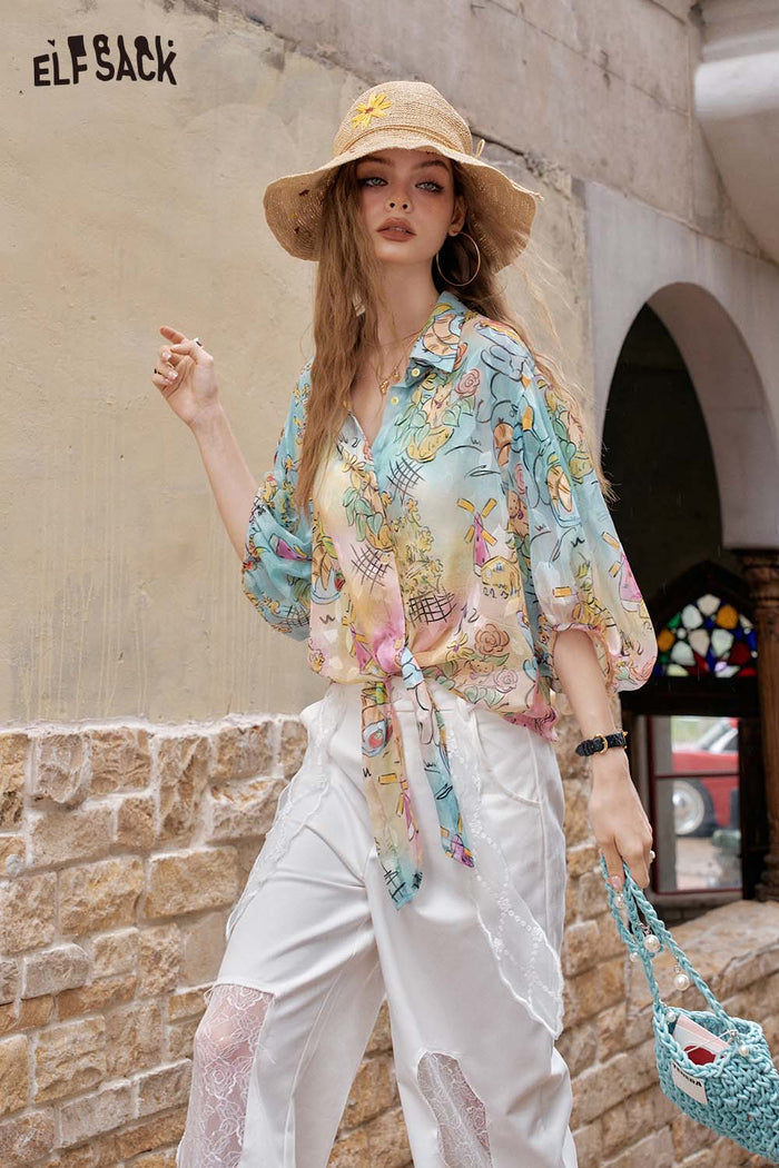 ELFSACK Playful Cartoon Print Tie Front Blouse