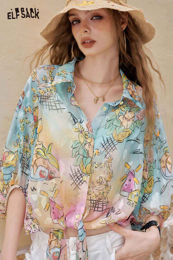 ELFSACK Playful Cartoon Print Tie Front Blouse