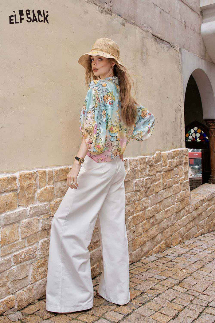 ELFSACK Playful Cartoon Print Tie Front Blouse