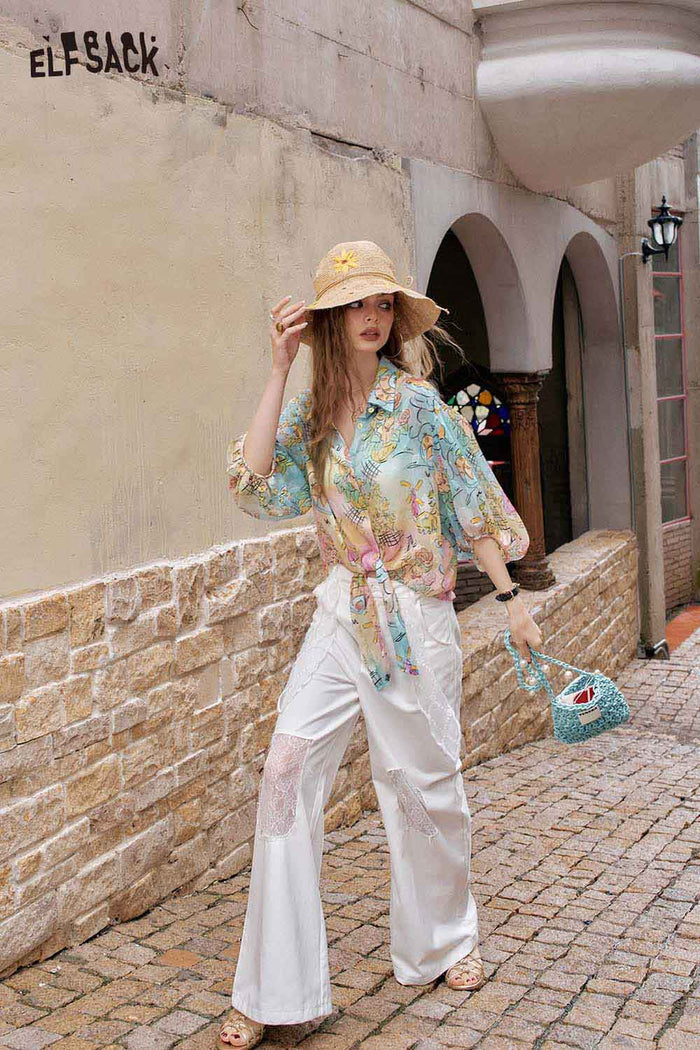 ELFSACK Playful Cartoon Print Tie Front Blouse