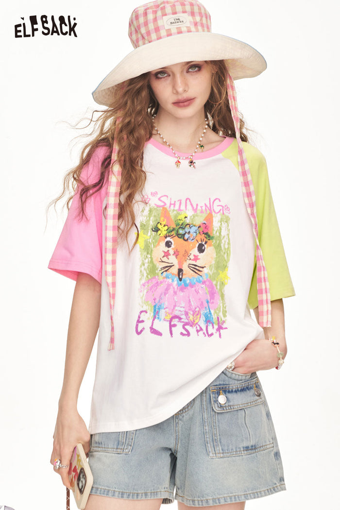 ELFSACK Playful Fox Print Raglan T-Shirt