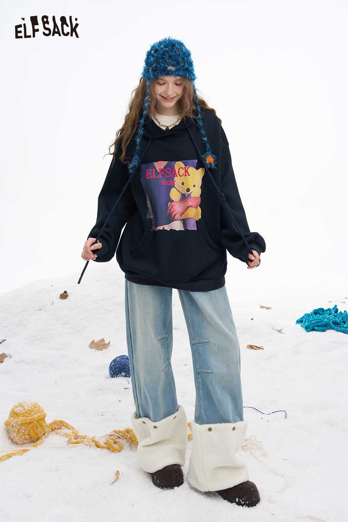 ELFSACK Plush Hem Patchwork Straight Jeans