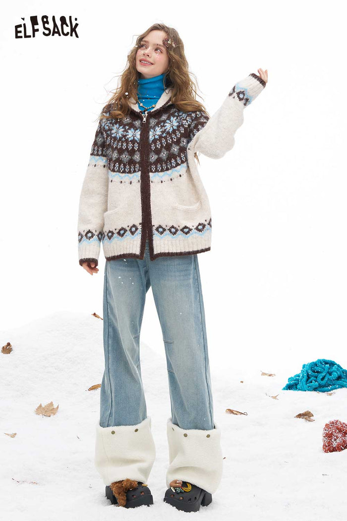 ELFSACK Plush Hem Patchwork Straight Jeans