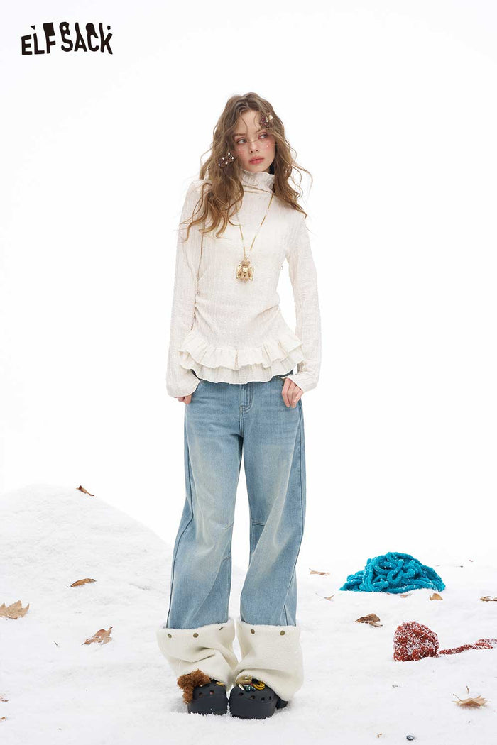 ELFSACK Plush Hem Patchwork Straight Jeans