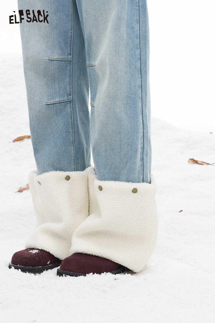 ELFSACK Plush Hem Patchwork Straight Jeans