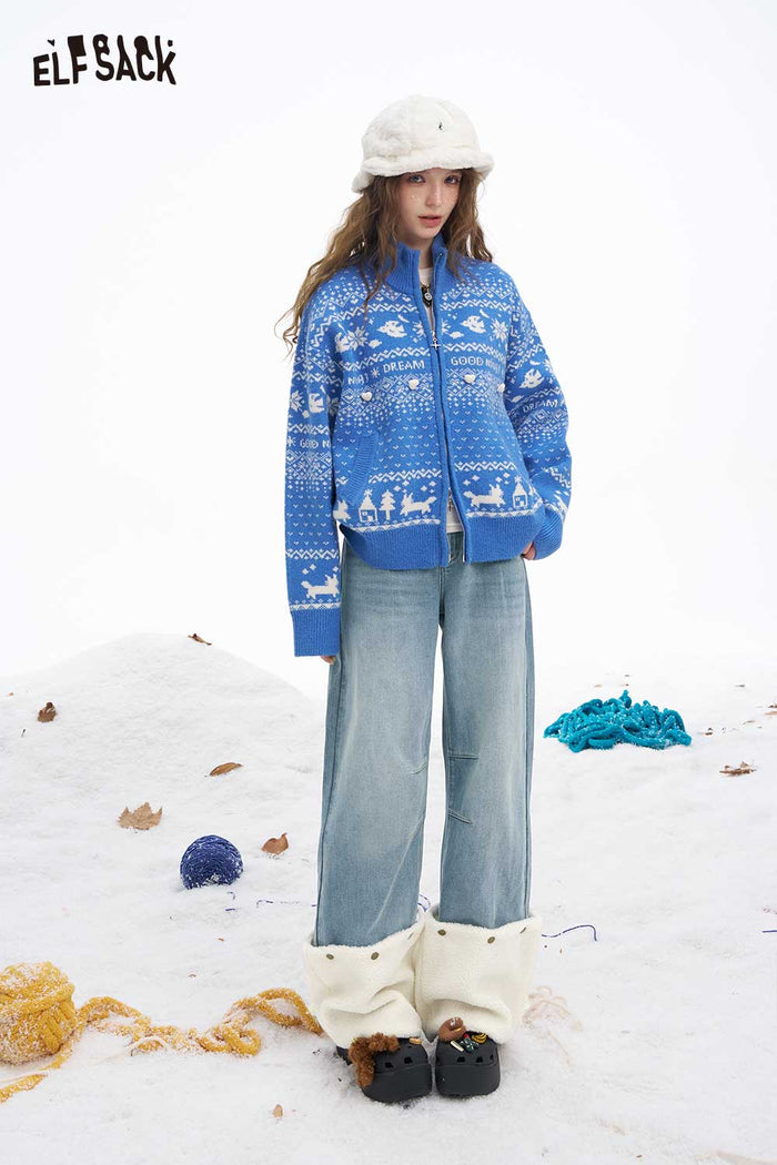ELFSACK Plush Hem Patchwork Straight Jeans