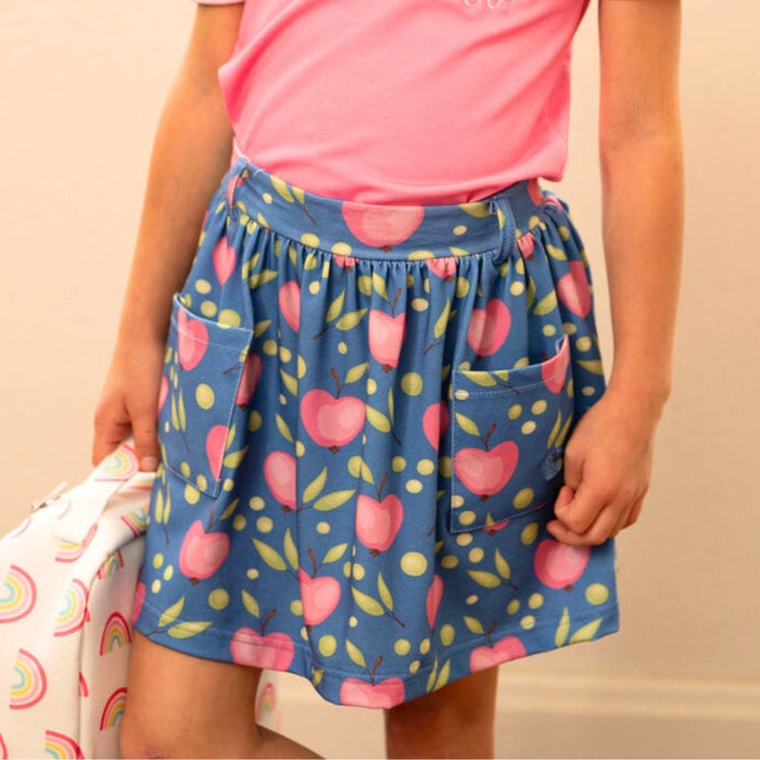 Pocket Skort - Pink Apples on Blue - Sugar Bee Clothing
