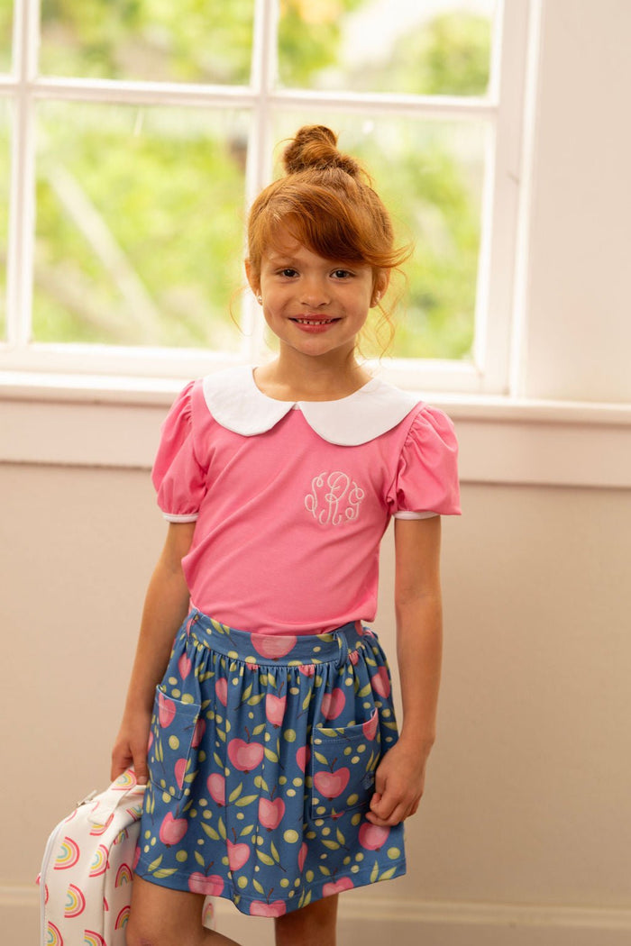 Pocket Skort - Pink Apples on Blue - Sugar Bee Clothing