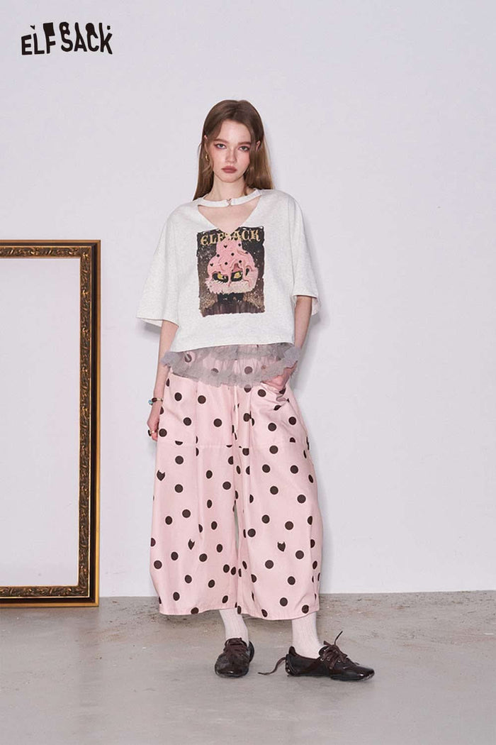 ELFSACK Polka Dot Drawstring Waist Wide Leg Pants