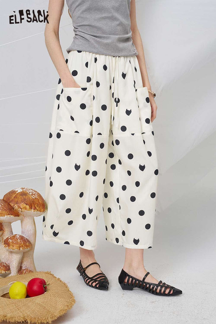 ELFSACK Polka Dot Drawstring Waist Wide Leg Pants