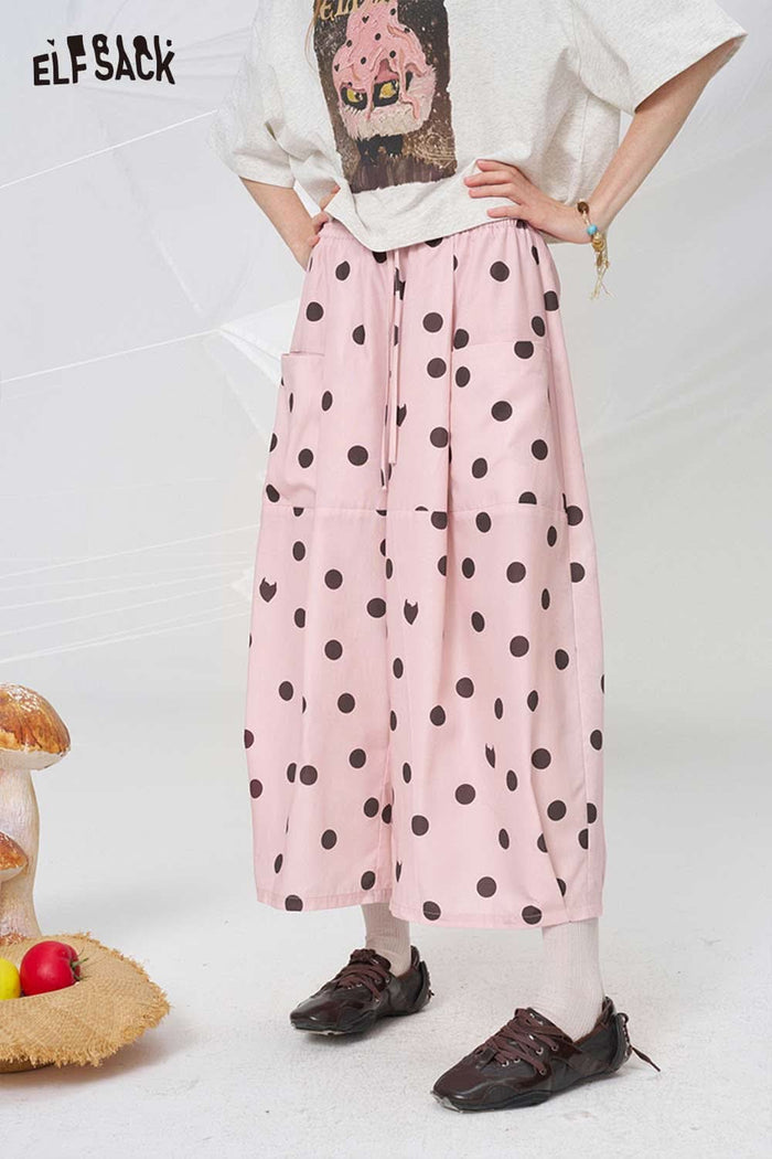 ELFSACK Polka Dot Drawstring Waist Wide Leg Pants