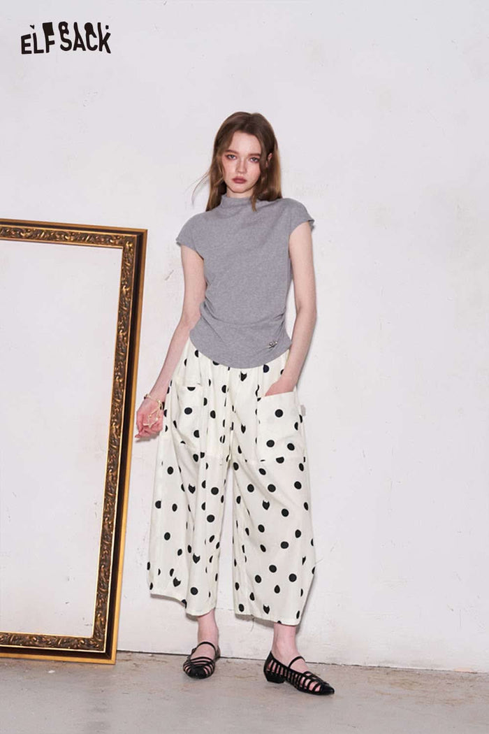 ELFSACK Polka Dot Drawstring Waist Wide Leg Pants