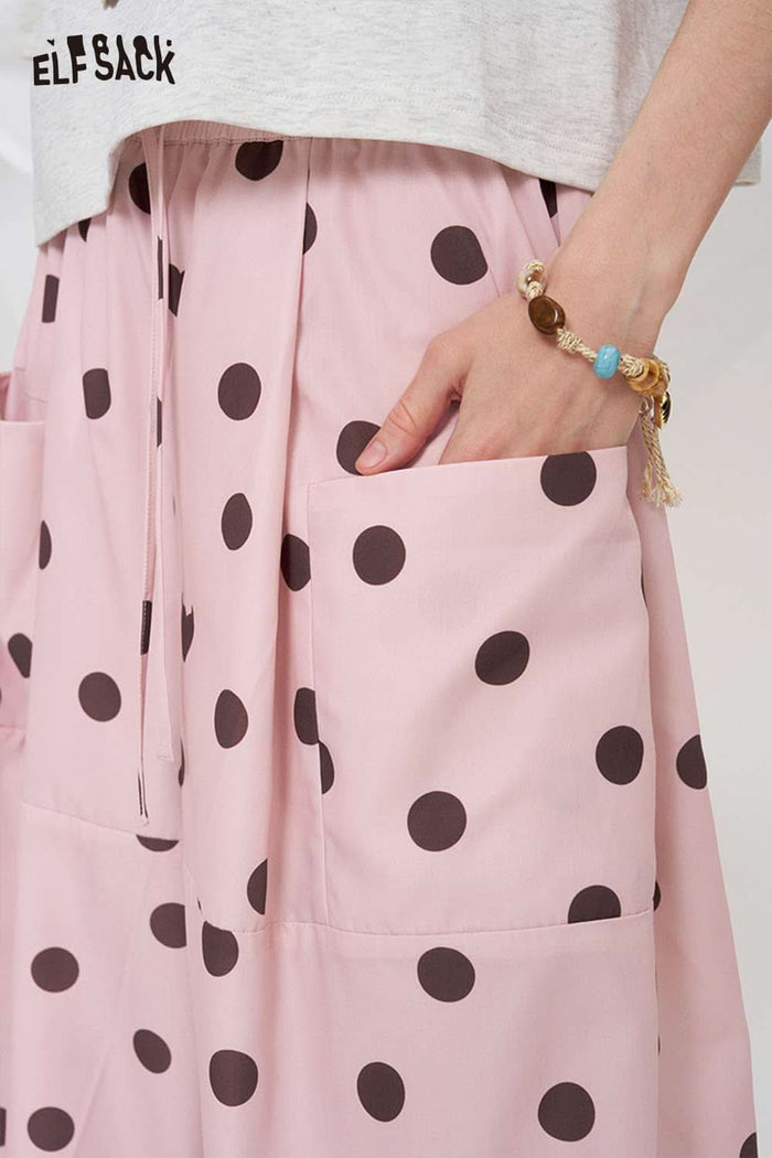 ELFSACK Polka Dot Drawstring Waist Wide Leg Pants