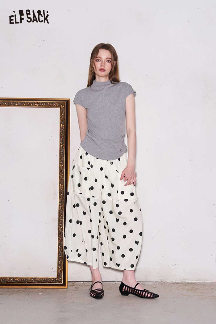 ELFSACK Polka Dot Drawstring Waist Wide Leg Pants