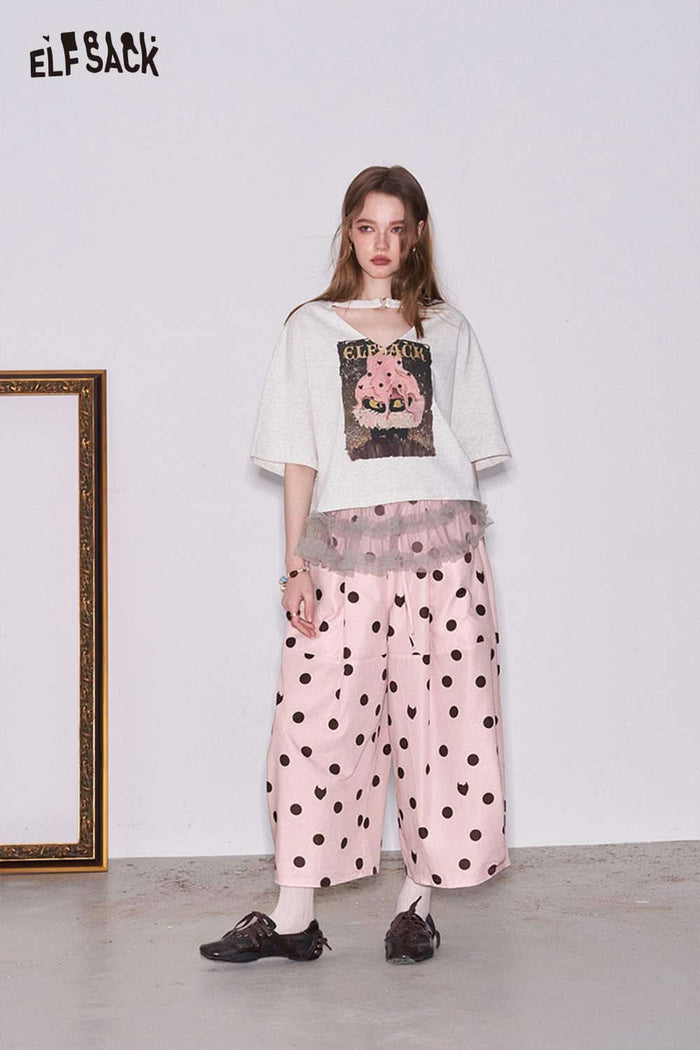 ELFSACK Polka Dot Drawstring Waist Wide Leg Pants