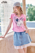 ELFSACK Polka Dot Mesh Spliced Denim Chic Skirt