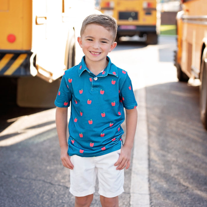 Polo - Red Apples on Navy - Sugar Bee Clothing