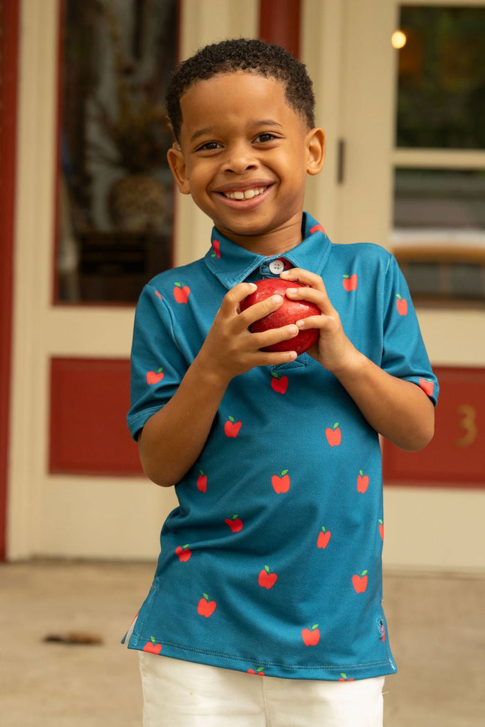 Polo - Red Apples on Navy - Sugar Bee Clothing
