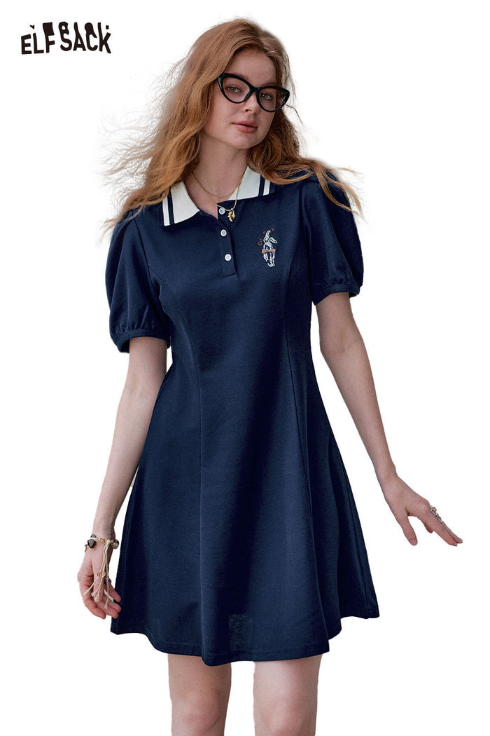 ELFSACK Polo Collar Boho Print Preppy Style Summer Casual Dress