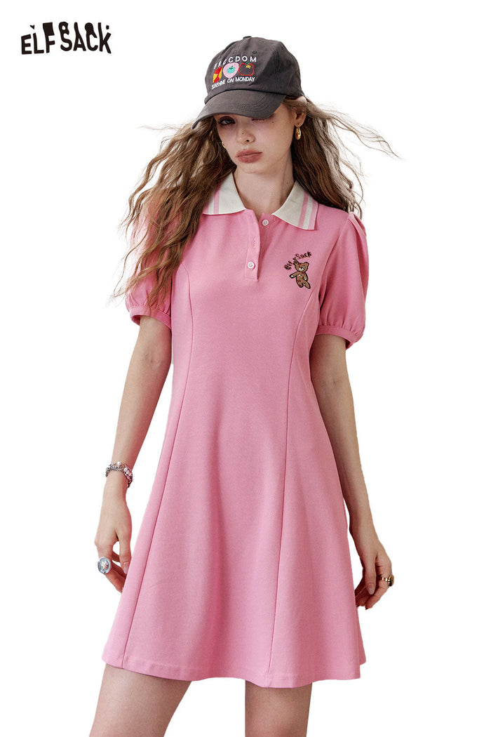 ELFSACK Polo Collar Boho Print Preppy Style Summer Casual Dress