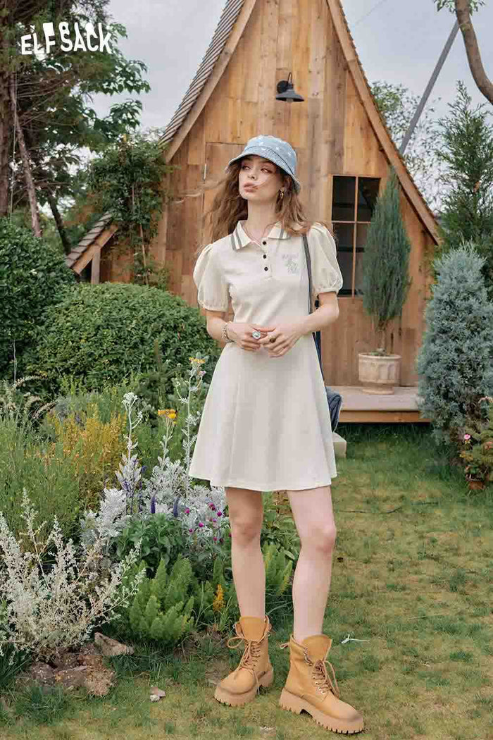 ELFSACK Polo Collar Boho Print Preppy Style Summer Casual Dress