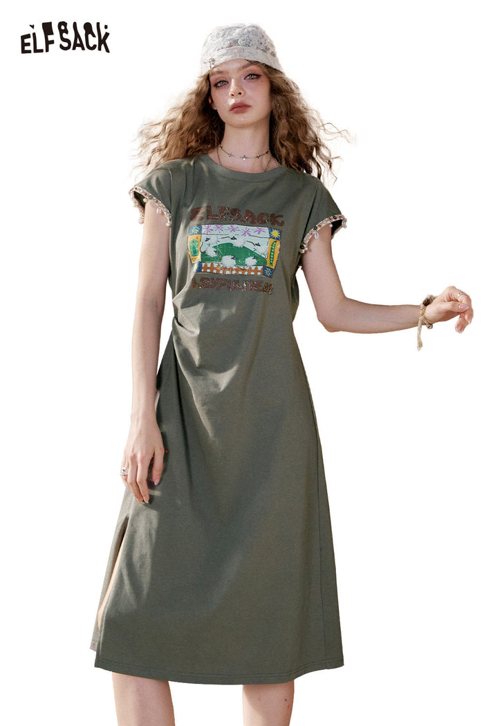 ELFSACK Polo Collar Boho Style Casual Comfort Summer Midi Dress