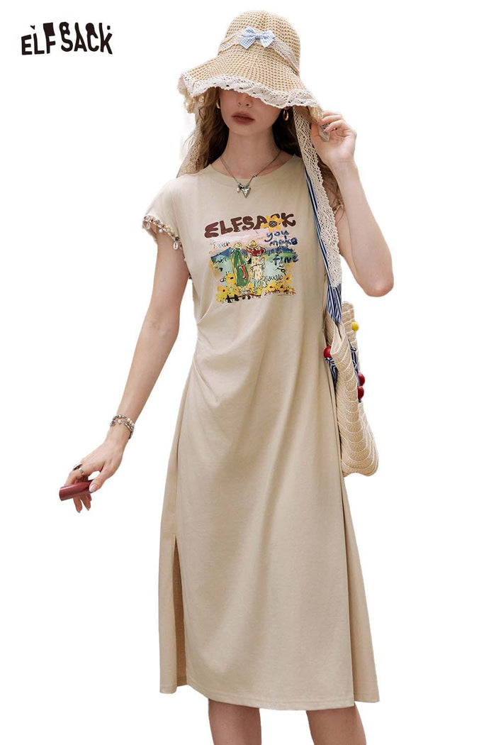 ELFSACK Polo Collar Boho Style Casual Comfort Summer Midi Dress