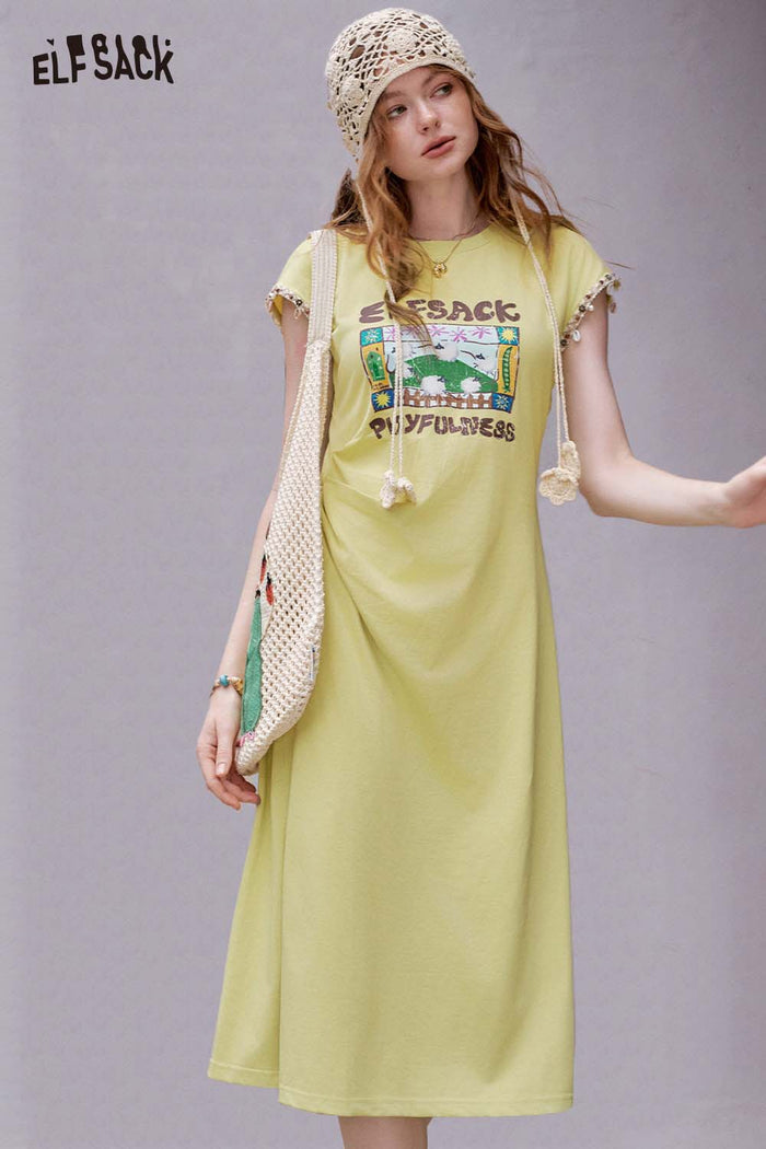 ELFSACK Polo Collar Boho Style Casual Comfort Summer Midi Dress