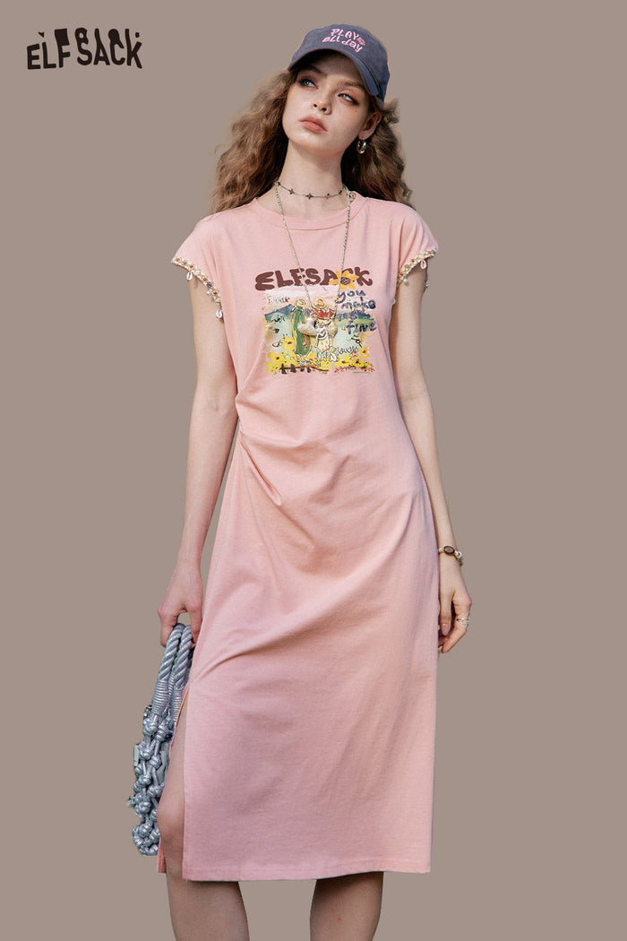 ELFSACK Polo Collar Boho Style Casual Comfort Summer Midi Dress