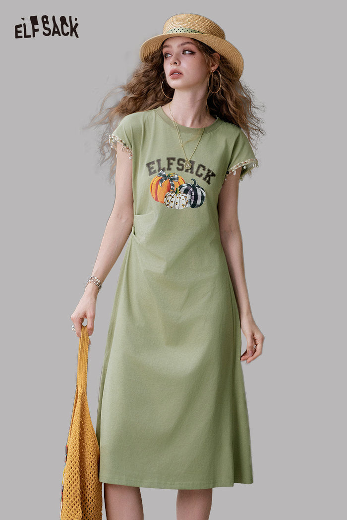 ELFSACK Polo Collar Boho Style Casual Comfort Summer Midi Dress