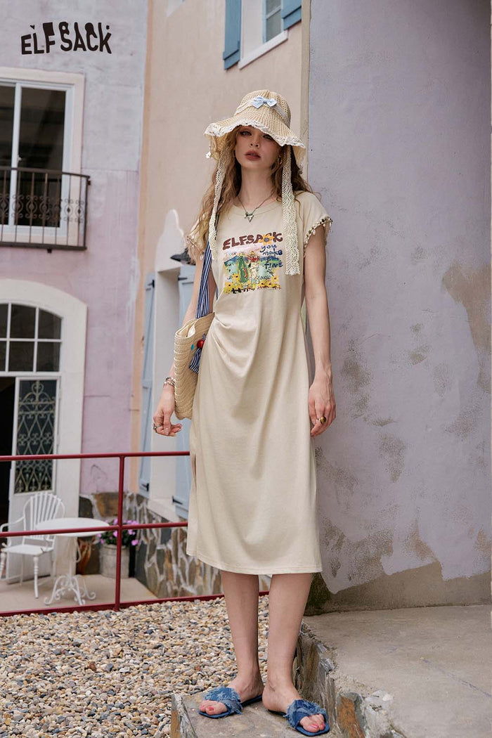 ELFSACK Polo Collar Boho Style Casual Comfort Summer Midi Dress