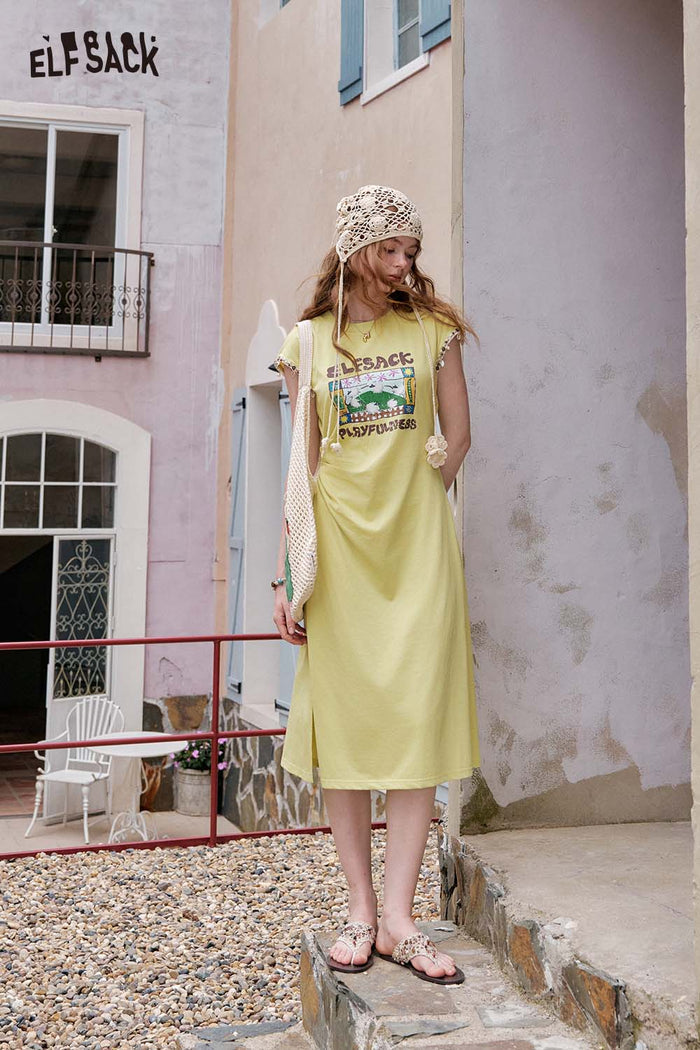 ELFSACK Polo Collar Boho Style Casual Comfort Summer Midi Dress