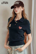 Polo Knit Top with Cat Heart Print