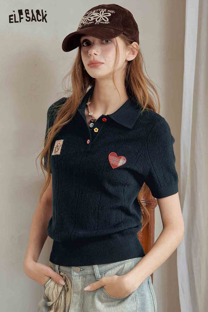 Polo Knit Top with Cat Heart Print
