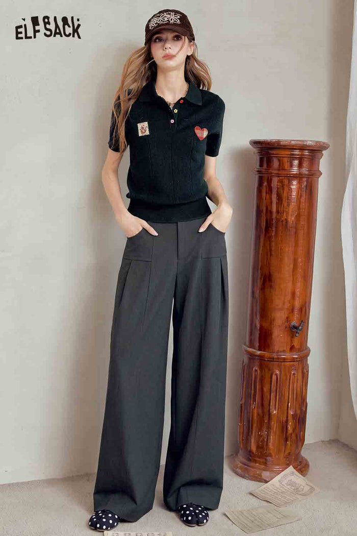 Polo Knit Top with Cat Heart Print