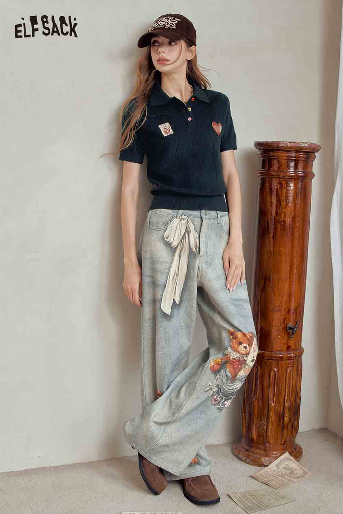 Polo Knit Top with Cat Heart Print