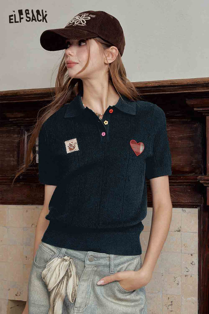 Polo Knit Top with Cat Heart Print