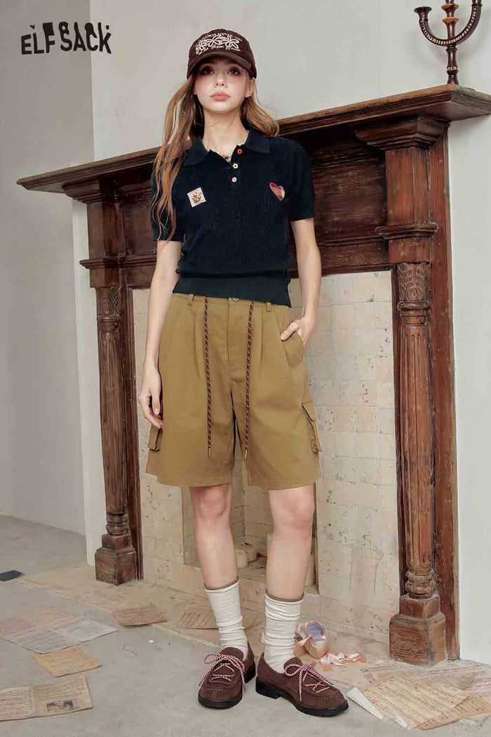 Polo Knit Top with Cat Heart Print