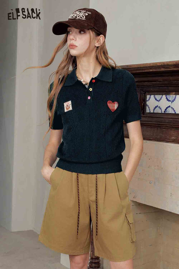 Polo Knit Top with Cat Heart Print