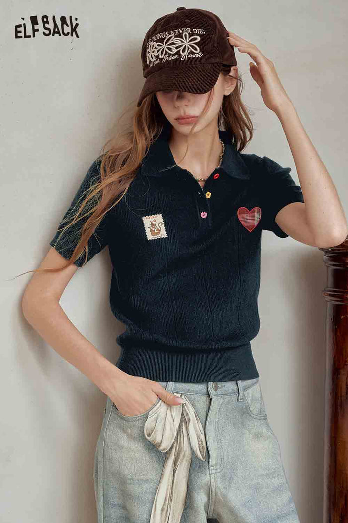 Polo Knit Top with Cat Heart Print