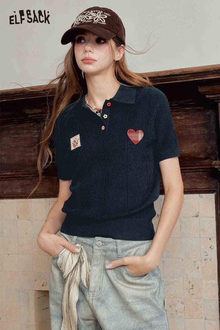 Polo Knit Top with Cat Heart Print