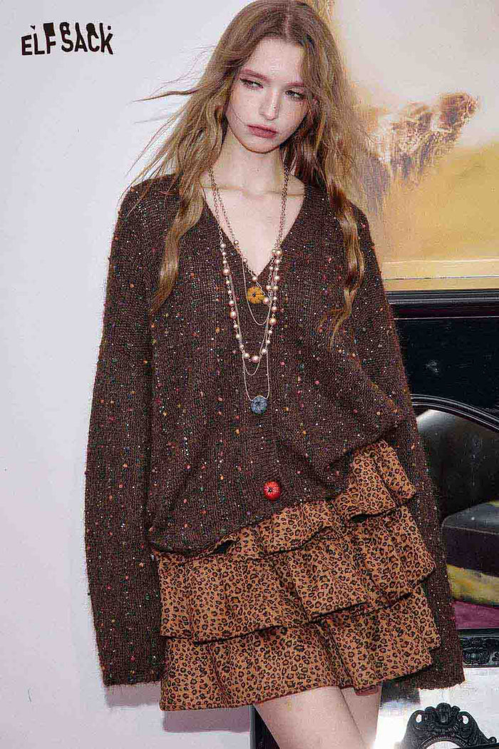 ELFSACK Polyester Blend Animal Print Pleats Asymmetric Hem Tiered Skirt